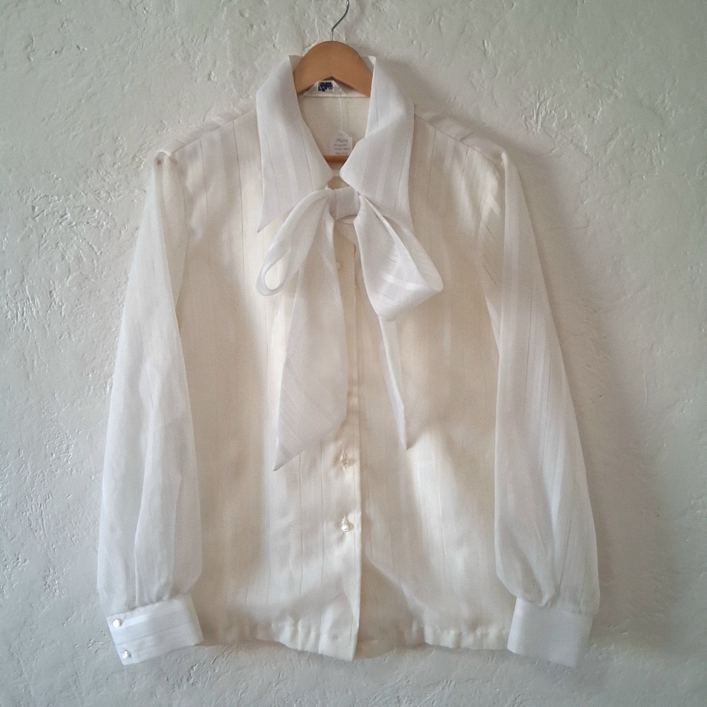 Vintage 60s White Semi Sheer Blouse with Bow Tie Cottagecore Coquette